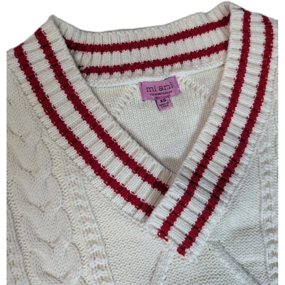mi ami for francesca's V-Neck Cable Knit Sweater Red & Cream Varsity XS - Picture 11 of 11